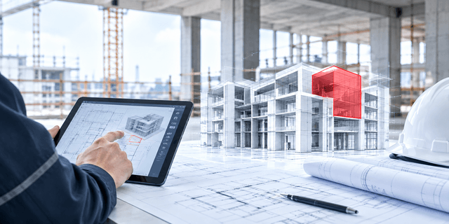 Una tableta muestra el modelo de un edificio junto a una maqueta digital con un volumen destacado en rojo.