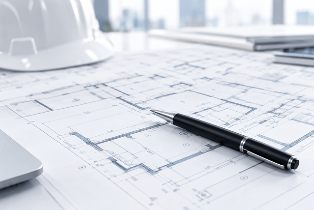 Planos de arquitectura sobre una mesa, con un bolígrafo y un casco de obra.