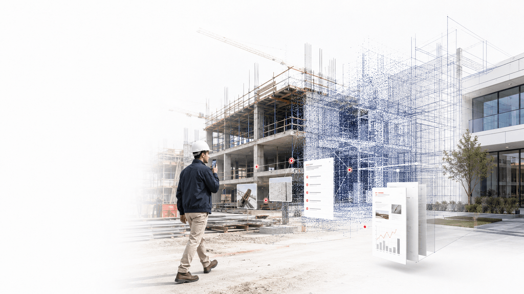 Del recorrido de obra al activo: una persona con casco blanco recorre una obra en construcción y registra con el móvil; a su lado, la estructura se convierte en una nube de puntos y en las líneas de un modelo, hasta el edificio terminado a la derecha. Entre ellos flotan marcadores rojos, fotos del sitio, una lista de observaciones y reportes con gráficos.