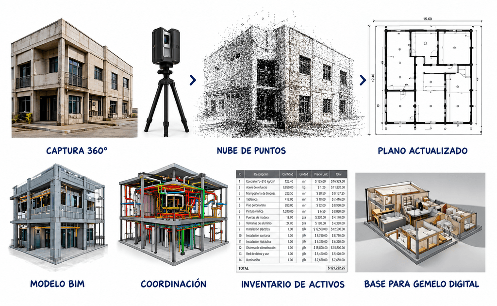 Del edificio existente a la base de un gemelo digital, en siete pasos: captura 360° —el edificio y un escáner láser sobre trípode—, nube de puntos, plano actualizado, modelo BIM, coordinación de instalaciones, inventario de activos —una tabla de partidas con cantidades y precios— y base para gemelo digital, un corte en 3D de los espacios amueblados.